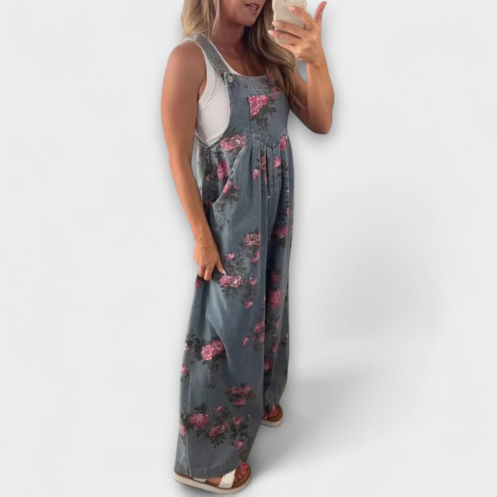 Bethany - Floral Wide Denim Overalls